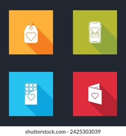 Set Heart tag, Mobile with heart, Chocolate bar and Valentines day flyer icon. Vector