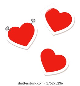 Set of heart tags with pins, tape and thread