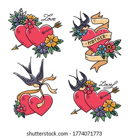 Set of Heart Tattoos with birds.Old school style. Two hearts pierced by arrow. Tattoo hearts with flower and Swallow. Isolated tattoo red heart with ribbon. Love. Valentines Day illustration.