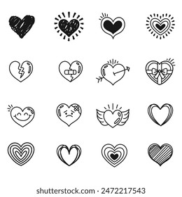 set of heart tattoos, hand drawn heart vectors, Trendy grunge scrawl icon for stickers, black heart shapes isolated on white background.