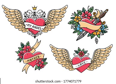 Set of Heart Tattoos in Old school style. Heart with ribbon, flowers and word mother. Tattoo flying heart with crown and phrase MY ANGEL. Heart with dagger. Old school slyle.Retro tattoo.