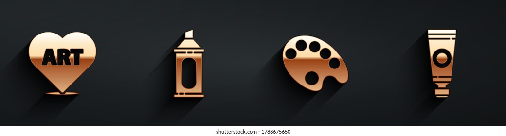 Set Heart with text art, Marker pen, Palette and Tube with paint palette icon with long shadow. Vector