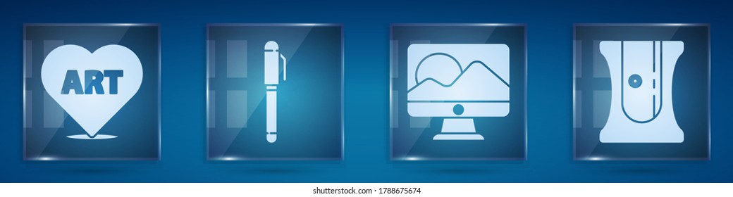 Set Heart with text art, Pen, Computer monitor screen and Pencil sharpener. Square glass panels. Vector