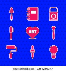 Set Heart with text art, Pipette, Light bulb, Paint brush, roller, Pen, bucket and Palette knife icon. Vector