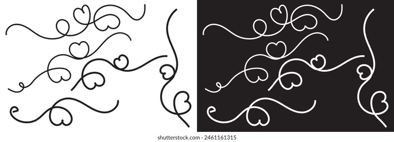 Set of Heart text Divider icons. Divider ornament, corner borders. Hand drawn doodle love line for valentine day designs on white and black background. Decoration linear icon paper break. EPS 10