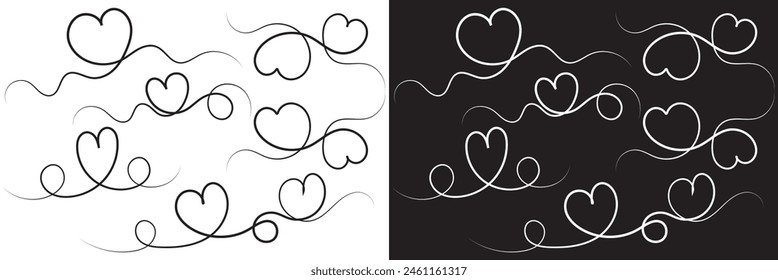 Conjunto de iconos de divisor de texto de corazón. Adorno divisor, bordes de esquina. Línea de amor dibujada a mano para los diseños del día de San Valentín en el fondo blanco y negro. Decoración icono lineal de salto de papel. EPS 10