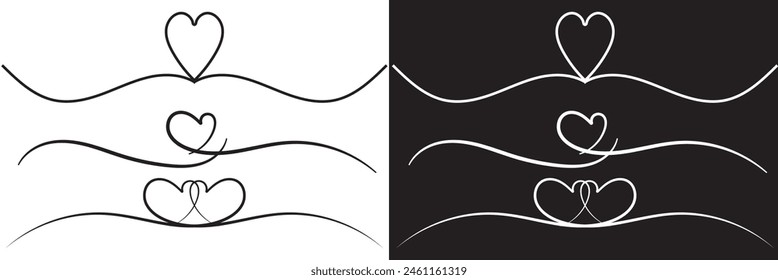 Set of Heart text Divider icons. Divider ornament, corner borders. Hand drawn doodle love line for valentine day designs on white and black background. Decoration linear icon paper break. EPS 10