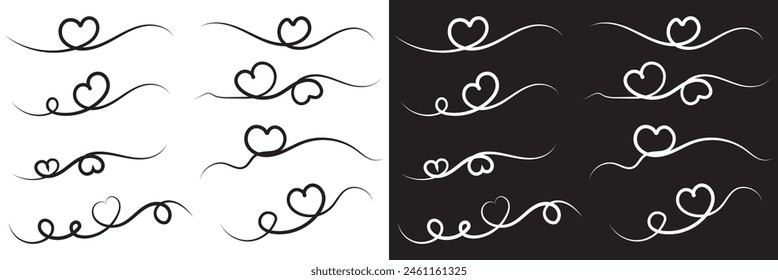 Set of Heart text Divider icons. Divider ornament, corner borders. Hand drawn doodle love line for valentine day designs on white and black background. Decoration linear icon paper break. EPS 10