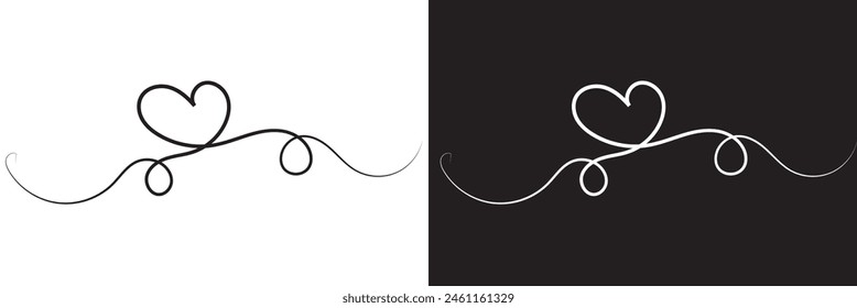 Set of Heart text Divider icons. Divider ornament, corner borders. Hand drawn doodle love line for valentine day designs on white and black background. Decoration linear icon paper break. EPS 10