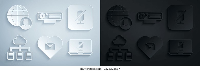 Set Heart with text work, Mute microphone, Online working, laptop, Web camera and Freelancer icon. Vector