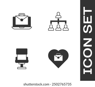 Set Heart with text work, Online working, Office chair and Hierarchy organogram chart icon. Vector