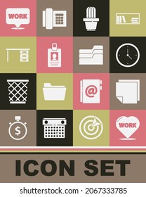 Set Heart with text work, Post note stickers, Clock, Cactus and succulent in pot, Identification badge, Office desk, Location and Document folder icon. Vector