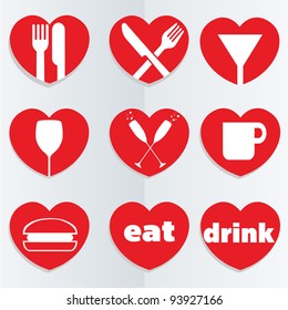 A set of heart themed love food and drink icons.