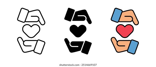 Conjunto de iconos de corazón y dos manos. Diseño simple y moderno