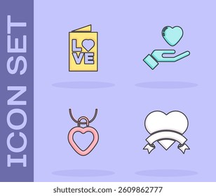 Set Heart, Valentines day party flyer, Necklace with heart shaped and hand icon. Vector