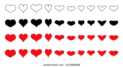 Set heart in various shape. Red and black silhouette. Line icon. Flat and cartoon style. Vector