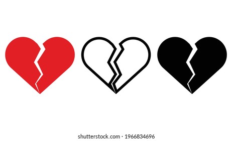 Set of heart vector. Collection of various heartbreak, broken heart. Different colors of torn hearts isolated on background. Love symbol perfect for Valentine's Day. Social network concept.