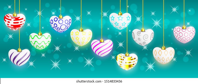 Set of heart vector colorful christmas balls on cool background. Decorative elements for holiday new year design. Vector illustration.