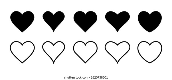 Set of heart vector icons isolated on white background. Vector illustration. Black flat design. Linear heart for concept design. EPS 10