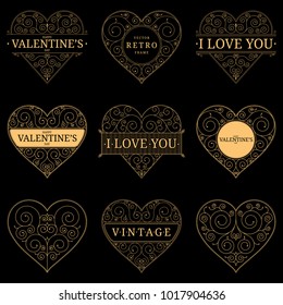 Set of heart vintage templates. Valentines Day hearts. Ornate golden love or wedding symbols with floral swirl elements. Line art victorian retro frames. Place for text. Vector illustration