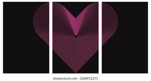 Set of heart wallpaper, pink  neon lines on a black background. Abstract glitch background. Retrowave, vaporwave. Acid pink, black colors. Fashion retro 1980s, 90s style. Print, poster, banner.