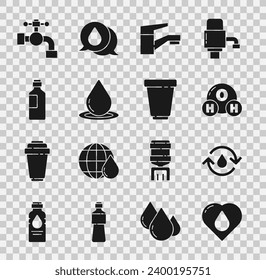 Set Heart with water drop, Recycle clean aqua, Chemical formula for H2O, Water tap, Bottle of,  and filter cartridge icon. Vector