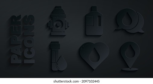 Set Heart with water drop, Water speech bubbles, Test tube, location, Big bottle clean and Fire hydrant icon. Vector