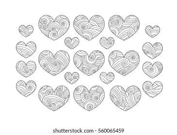 Set of heart with wave curly ornament in zentangle inspired style isolated on white. Happy valentine day love card. coloring book page for adult and older children. Vector illustration.