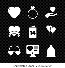 Set Heart, Wedding rings, hand, shaped love glasses, Dating app online, Condom,  and Greeting card icon. Vector