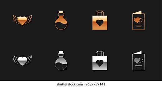 Set Heart with wings, Bottle love potion, Shopping bag heart and Valentines day flyer icon. Vector