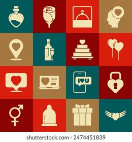 Set Heart with wings, Castle the shape of heart, Balloons form, Diamond engagement ring, Champagne bottle, Location, Bottle love potion and Wedding cake icon. Vector