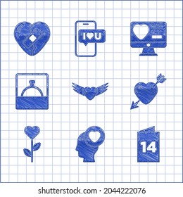 Establecer corazón con alas, corazón de cabeza, tarjeta de saludo, amarre y flecha, flor de forma, anillo de compromiso de diamantes, aplicación de citas en línea e icono curado roto. Vector