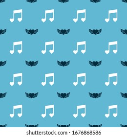 Set Heart with wings and Music note, tone with hearts on seamless pattern. Vector