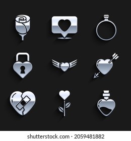 Set Heart with wings, shape flower, Bottle love potion, Amour heart and arrow, Healed broken, Castle the of, Diamond engagement ring and Flower rose icon. Vector