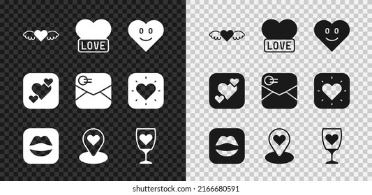 Set Heart with wings, Smiling lips, Location heart, Glass of champagne,  and Envelope Valentine icon. Vector