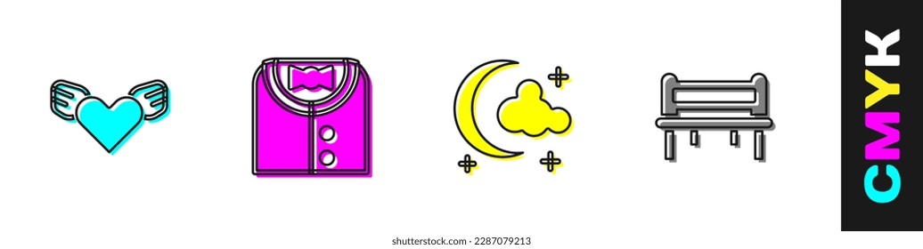 Set Heart with wings, Suit, Moon and stars and Romantic bench icon. Vector