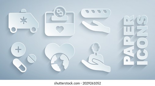 Set The Heart World - Love, Donation Food, Medicine Pill Tablet, Caring For People, And Charity And Emergency Car Icon. Vector