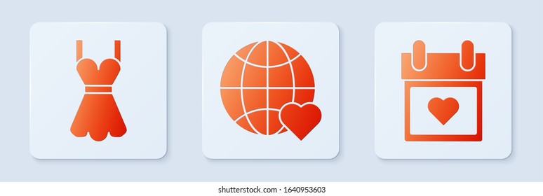Set The heart world love, Woman dress and Calendar with heart. White square button. Vector