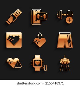 Set Heartbeat Increase, Smart Watch With Heart, Shower, Short Or Pants, Rate, Dumbbell And Protein Sport Bar Icon. Vector