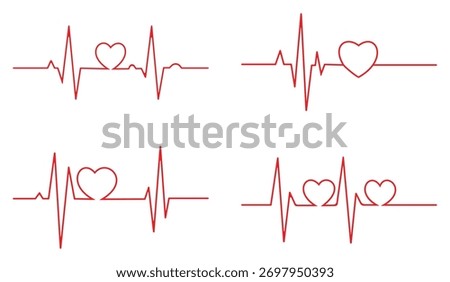 Set of heartbeat pulse lines with heart shape isolated on white background. Perfect for medical, healthcare, or love-themed designs. Vector illustration, easy to use.