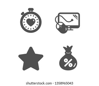 Set of Heartbeat timer, Computer mouse and Star icons. Loan sign. Love stopwatch, Pc component, Best rank. Money bag.  Classic design heartbeat timer icon. Flat design. Vector