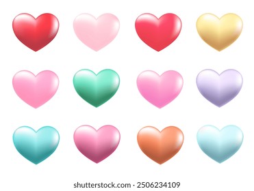 Conjunto de corazones en diseño de dibujos animados 3d. Corazones realistas en diferentes colores pastel se representan en esta colección en un estilo increíblemente vívido. Ilustración vectorial.