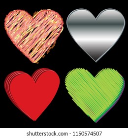 set of hearts, 3-D, hand-drawn, metal, sketch styles