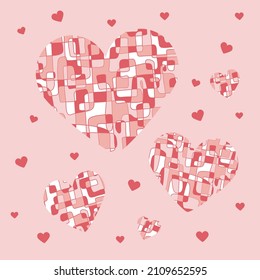 Set of hearts with abstract pattern on pink background. Valentine's Day, Women's Day,  birthday holiday concept. February 14. Wedding concept.  Greeting Card. Isolated vector illustration flat.