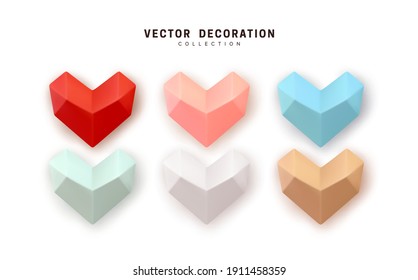 Set of hearts abstract polygonal. Collection Realistic Hearts Love symbol icon. Red and pink soft color, white and blue. Decorative 3d render object. Element for romantic design. Vector illustration