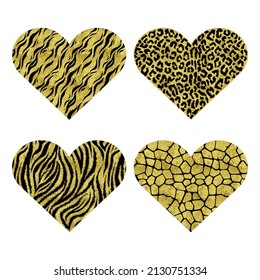Set of hearts with animal prints. Gold metallic vector illustration