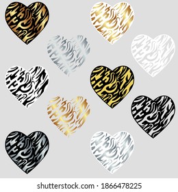 a set of hearts with an animal striped Zebra pattern divided into layers. Design and decoration of greeting cards for wedding and Valentine's day, sign, logo, clipart, scrapbooking,