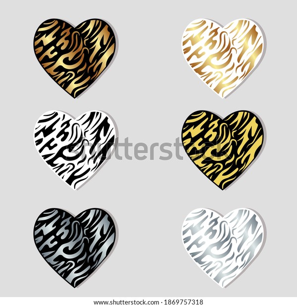 a set\
of hearts with an animal striped Zebra pattern divided into layers.\
Design and decoration of greeting cards for wedding and Valentine\'s\
day, sign, logo, clipart,\
scrapbooking,