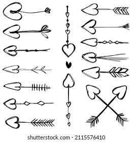 Herzensatz Pfeile doodles. Line Art aus schwarzen Symbolen. Vektorgrafik.