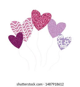 Set of hearts baloons with glitter. Vector design element for Valentine's day holiday, Engagement cards.